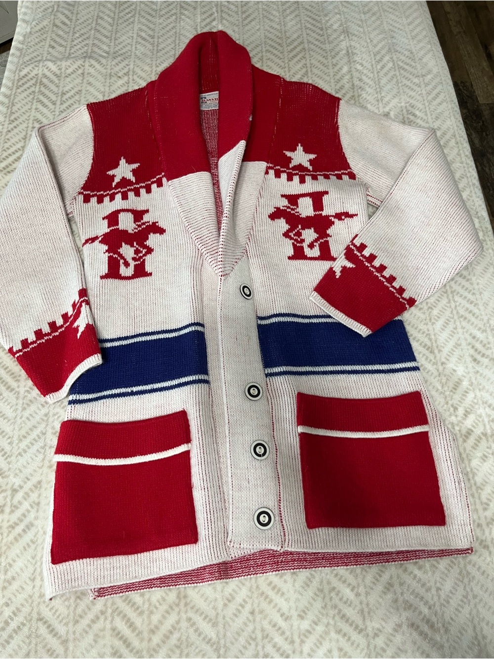 Vintage Danvil Creations Red, White , Blue Mustang Star Knit Cardigan Small